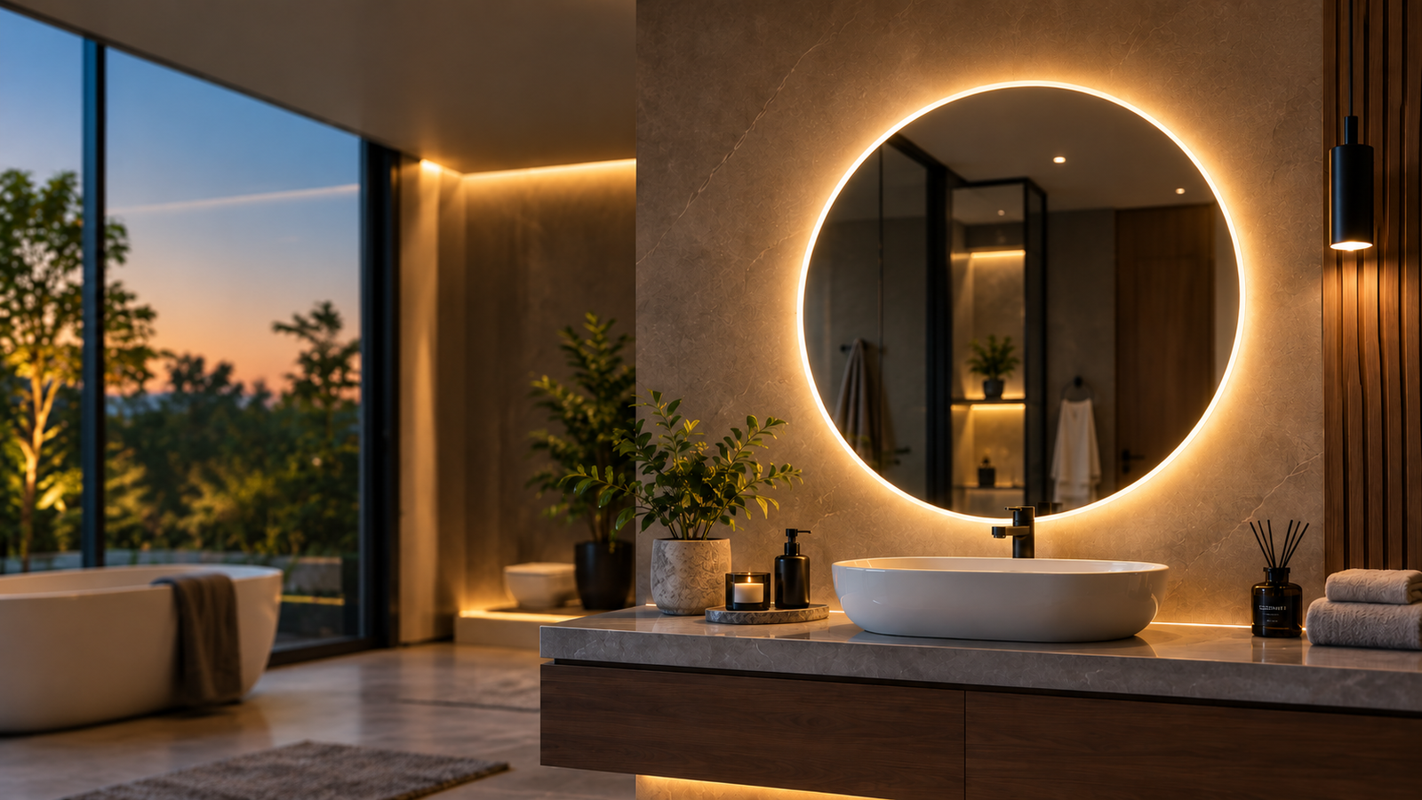 Premium LED mirror in a luxury modern bathroom